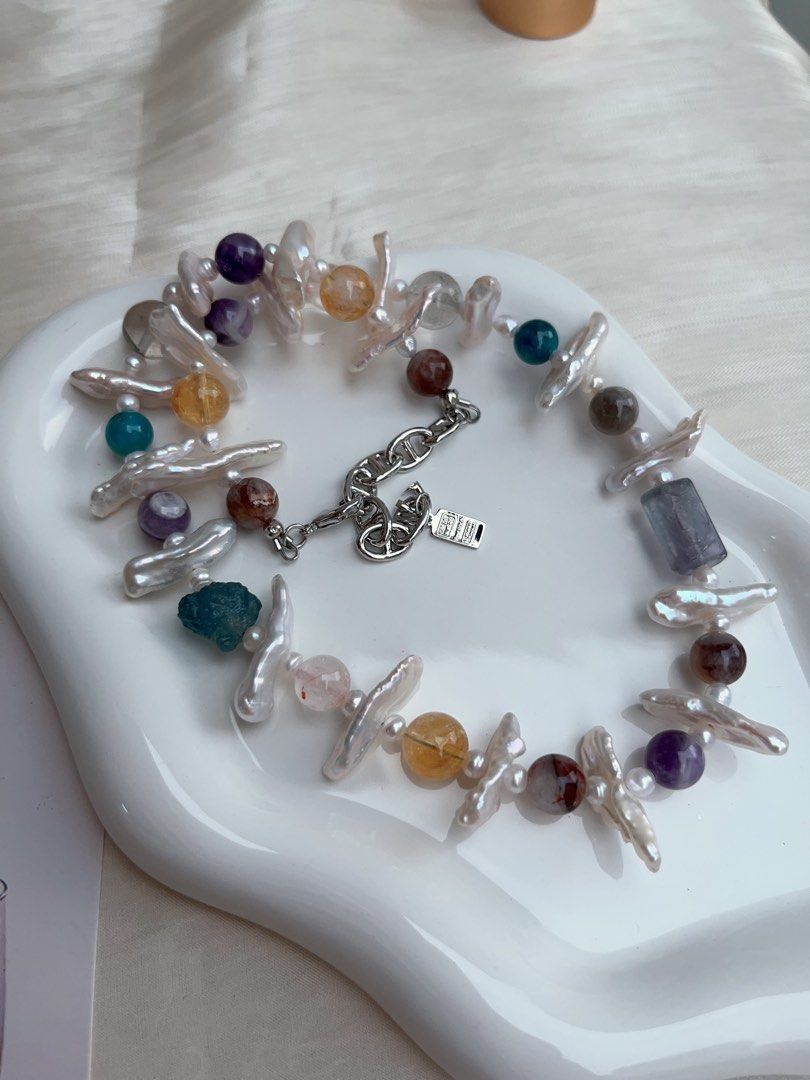 #PN915 Freshwater Pearl Necklace | Natural Stones| Aquamarine, Citrine, Fluorite, Amethyst | Lute Baroque | Give You Joy