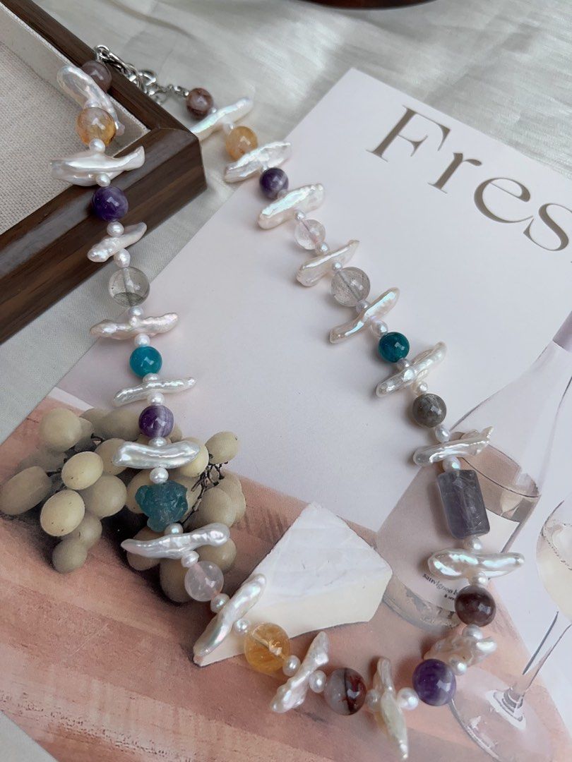 #PN915 Freshwater Pearl Necklace | Natural Stones| Aquamarine, Citrine, Fluorite, Amethyst | Lute Baroque | Give You Joy