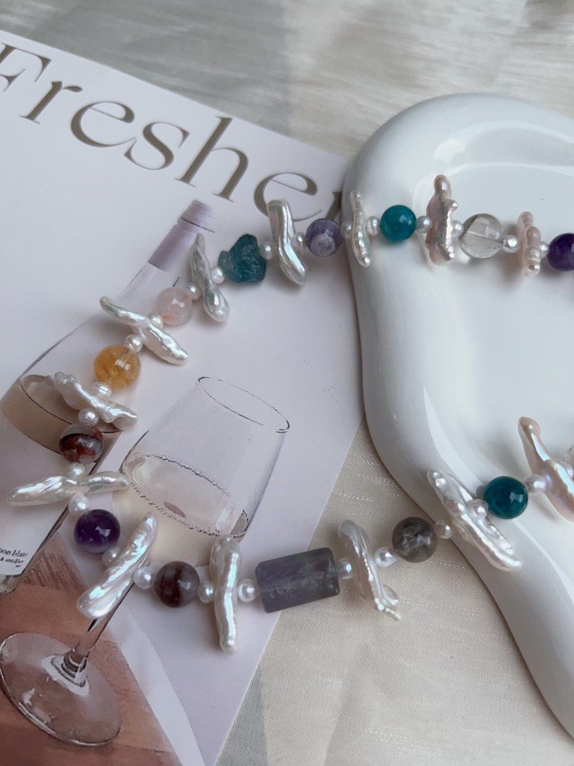 #PN915 Freshwater Pearl Necklace | Natural Stones| Aquamarine, Citrine, Fluorite, Amethyst | Lute Baroque | Give You Joy