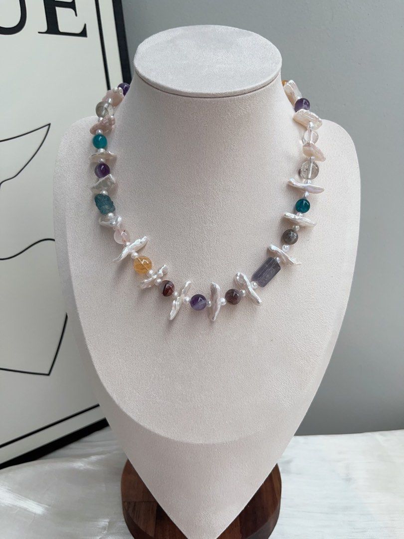 #PN915 Freshwater Pearl Necklace | Natural Stones| Aquamarine, Citrine, Fluorite, Amethyst | Lute Baroque | Give You Joy