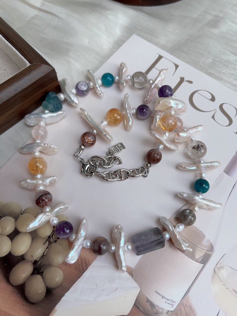 #PN915 Freshwater Pearl Necklace | Natural Stones| Aquamarine, Citrine, Fluorite, Amethyst | Lute Baroque | Give You Joy
