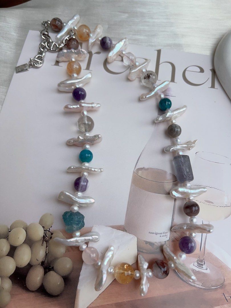 #PN915 Freshwater Pearl Necklace | Natural Stones| Aquamarine, Citrine, Fluorite, Amethyst | Lute Baroque | Give You Joy