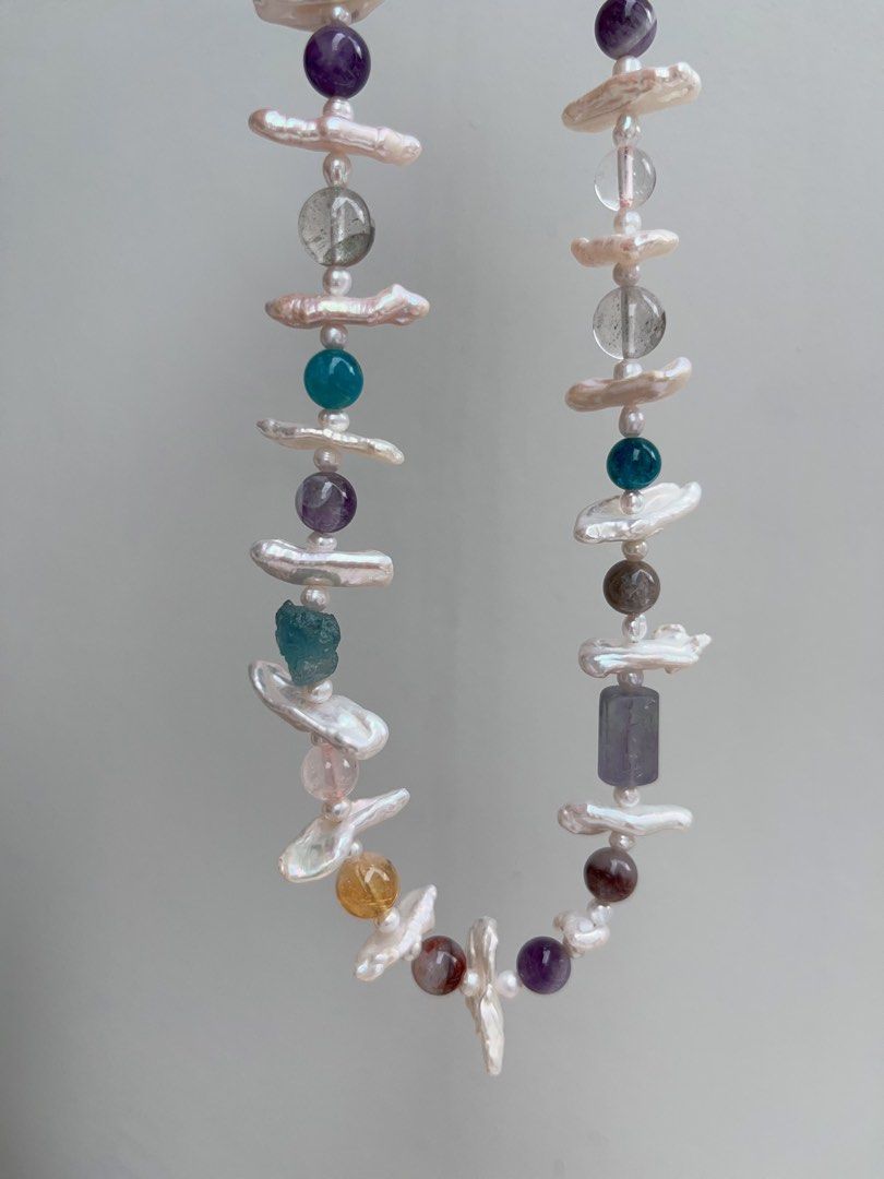 #PN915 Freshwater Pearl Necklace | Natural Stones| Aquamarine, Citrine, Fluorite, Amethyst | Lute Baroque | Give You Joy