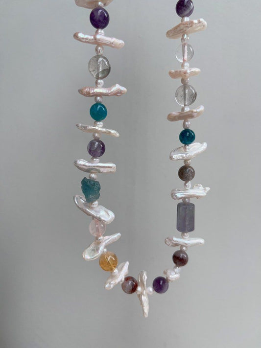 #PN915 Freshwater Pearl Necklace | Natural Stones| Aquamarine, Citrine, Fluorite, Amethyst | Lute Baroque | Give You Joy