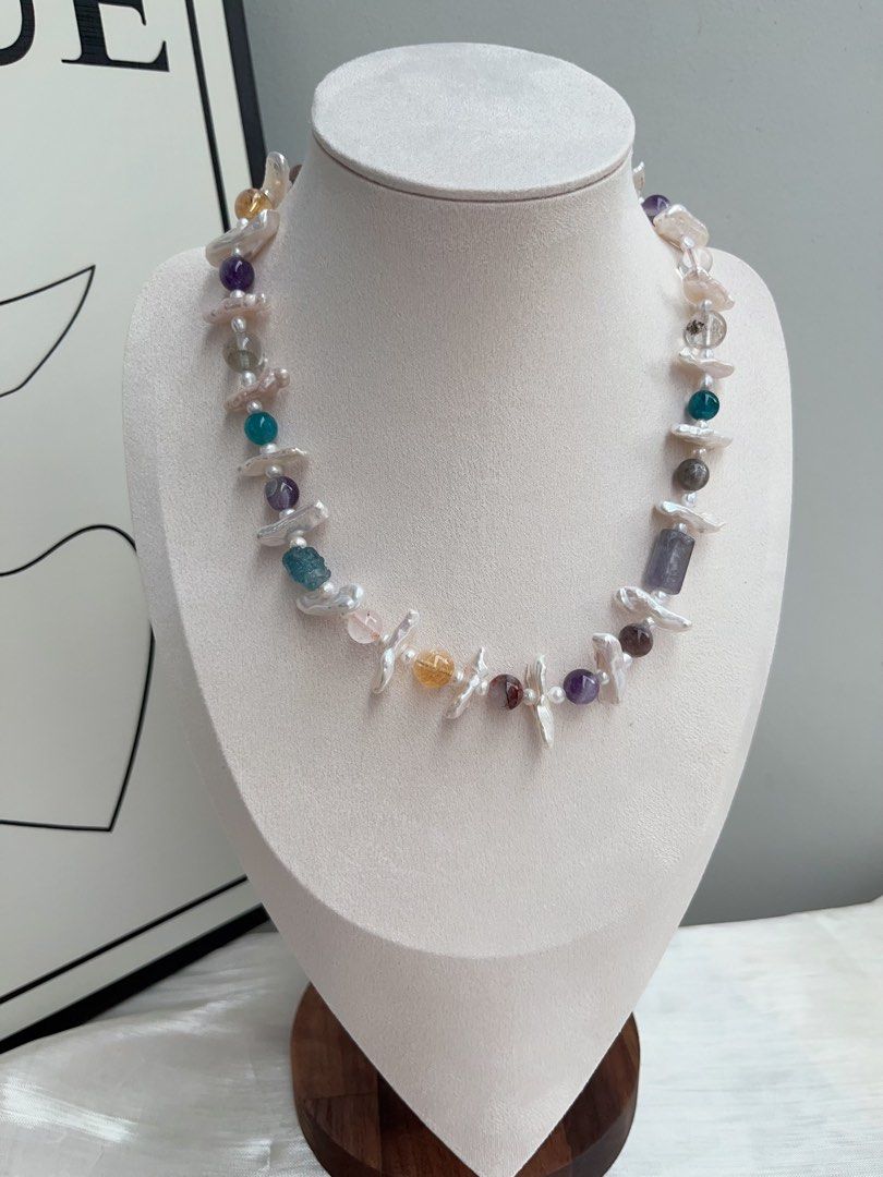 #PN915 Freshwater Pearl Necklace | Natural Stones| Aquamarine, Citrine, Fluorite, Amethyst | Lute Baroque | Give You Joy