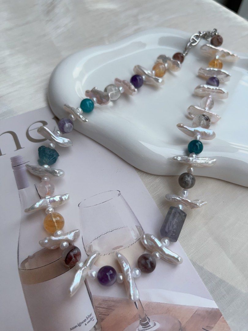 #PN915 Freshwater Pearl Necklace | Natural Stones| Aquamarine, Citrine, Fluorite, Amethyst | Lute Baroque | Give You Joy