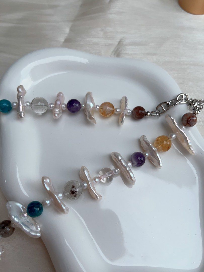 #PN915 Freshwater Pearl Necklace | Natural Stones| Aquamarine, Citrine, Fluorite, Amethyst | Lute Baroque | Give You Joy