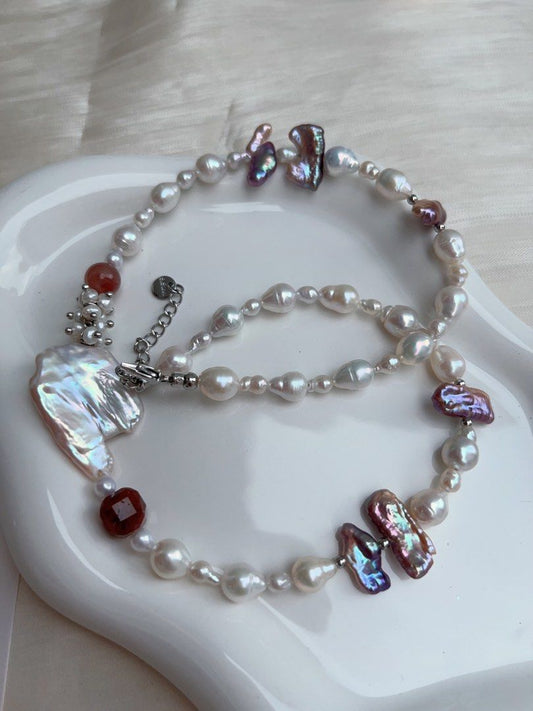 #PN916 [Floral Series] Freshwater Pearl Necklace | Metallic Lute Pearl | Extremely Lustrous | Big White Cloud ☁️ Pearl| 💧 Baroque | Your Heart Fly High