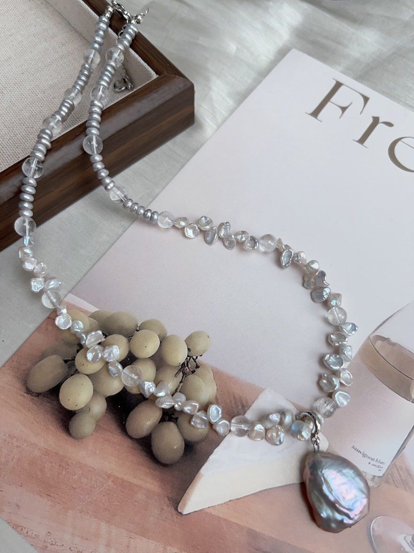 #PN917 Freshwater Pearl Necklace | Lustrous Petals | Clear Quartz | Treated Colour-Grey Baby Pearl| Grey Pendant | Removable Big Petal Pendant | Elegance Never Fade Away