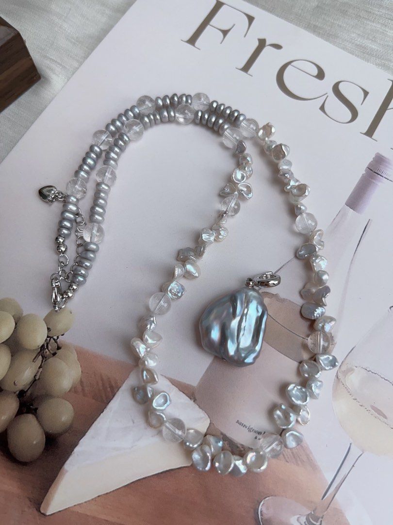 #PN917 Freshwater Pearl Necklace | Lustrous Petals | Clear Quartz | Treated Colour-Grey Baby Pearl| Grey Pendant | Removable Big Petal Pendant | Elegance Never Fade Away