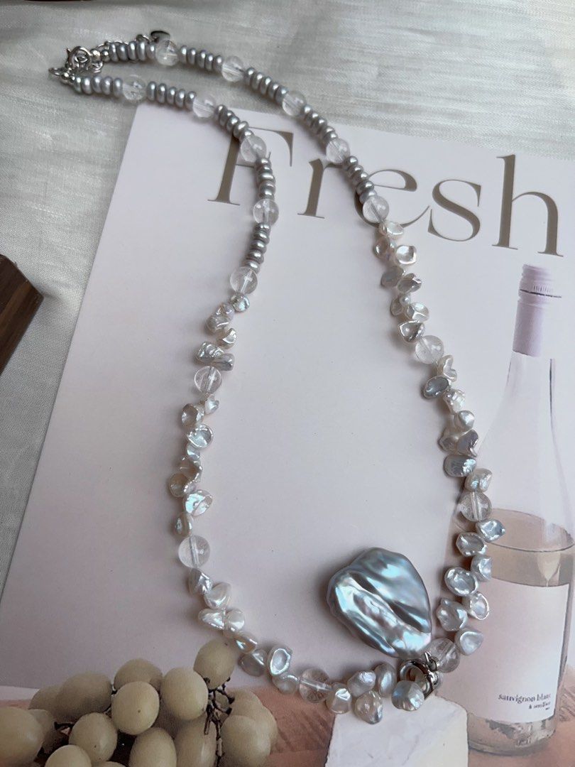 #PN917 Freshwater Pearl Necklace | Lustrous Petals | Clear Quartz | Treated Colour-Grey Baby Pearl| Grey Pendant | Removable Big Petal Pendant | Elegance Never Fade Away