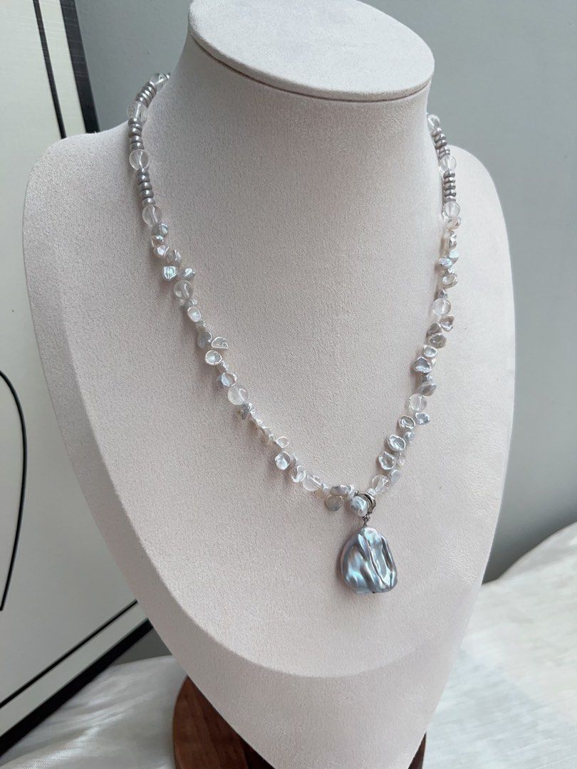 #PN917 Freshwater Pearl Necklace | Lustrous Petals | Clear Quartz | Treated Colour-Grey Baby Pearl| Grey Pendant | Removable Big Petal Pendant | Elegance Never Fade Away