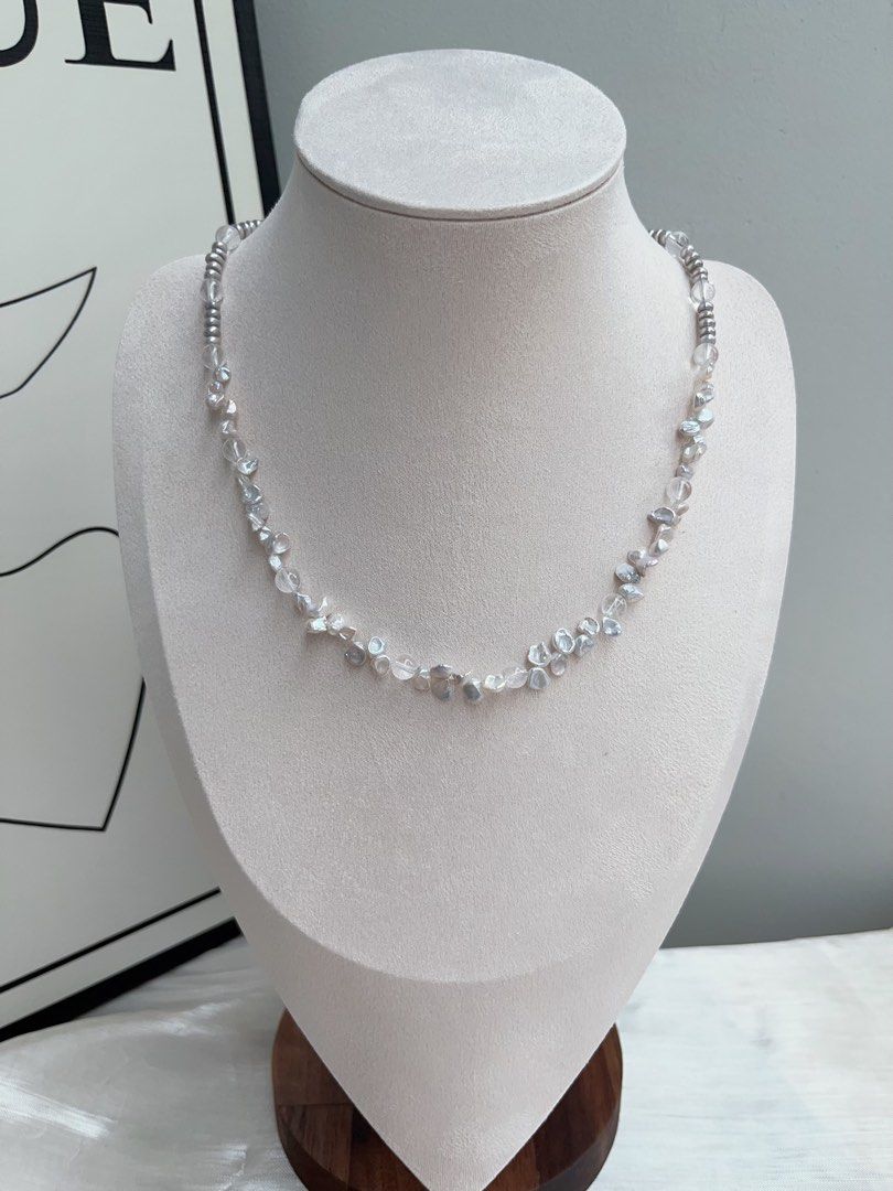 #PN917 Freshwater Pearl Necklace | Lustrous Petals | Clear Quartz | Treated Colour-Grey Baby Pearl| Grey Pendant | Removable Big Petal Pendant | Elegance Never Fade Away