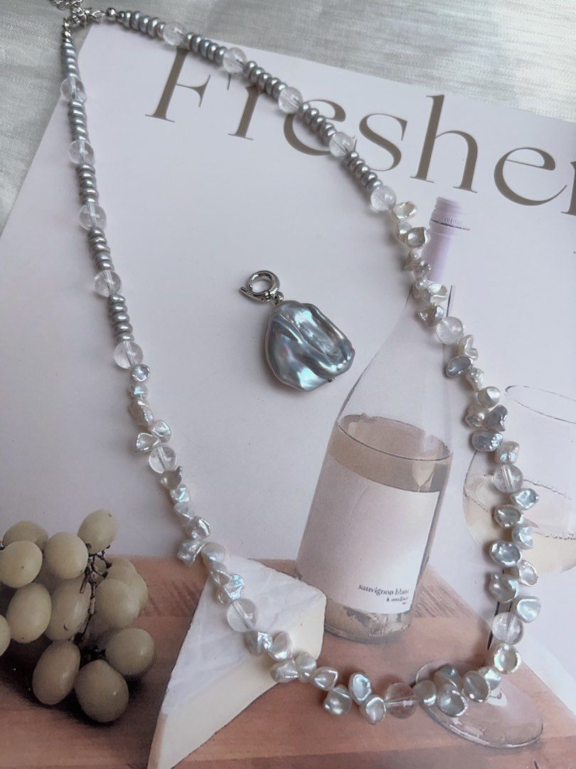#PN917 Freshwater Pearl Necklace | Lustrous Petals | Clear Quartz | Treated Colour-Grey Baby Pearl| Grey Pendant | Removable Big Petal Pendant | Elegance Never Fade Away