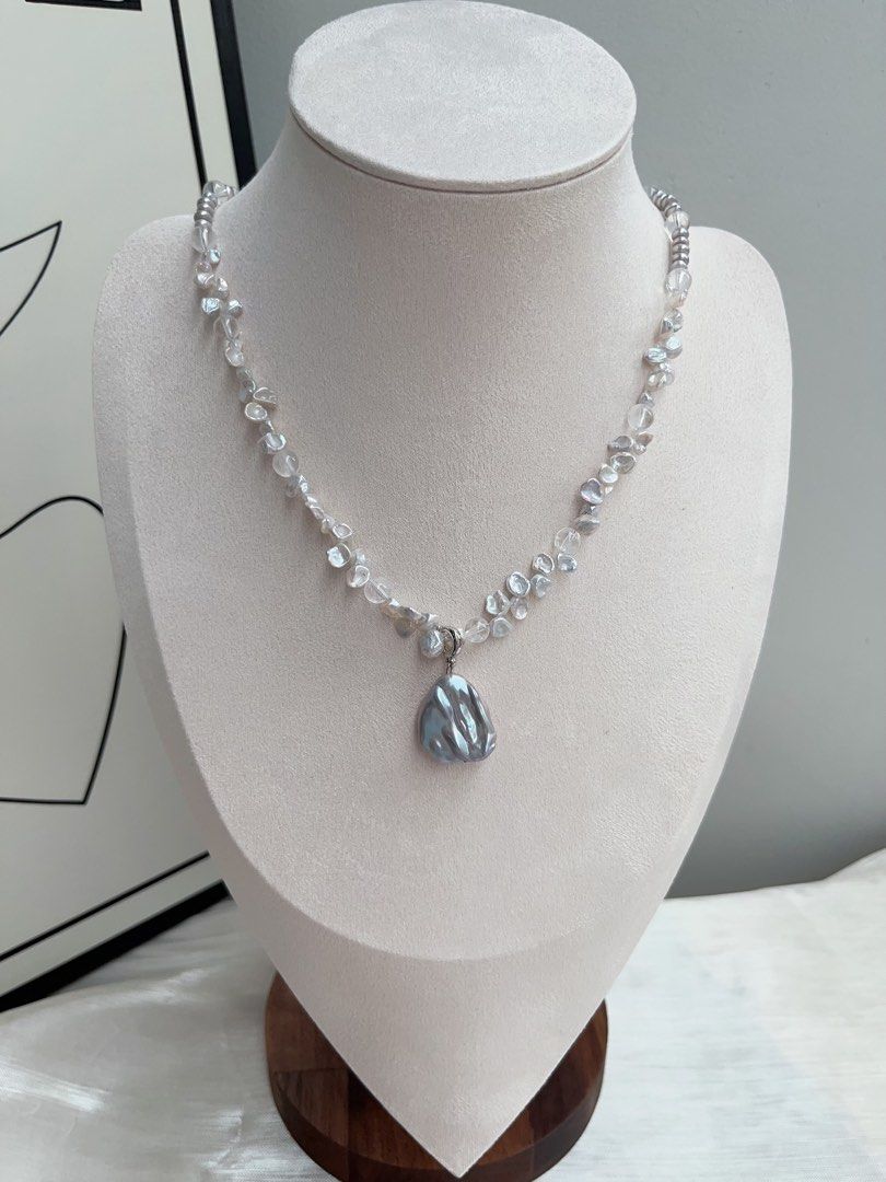 #PN917 Freshwater Pearl Necklace | Lustrous Petals | Clear Quartz | Treated Colour-Grey Baby Pearl| Grey Pendant | Removable Big Petal Pendant | Elegance Never Fade Away