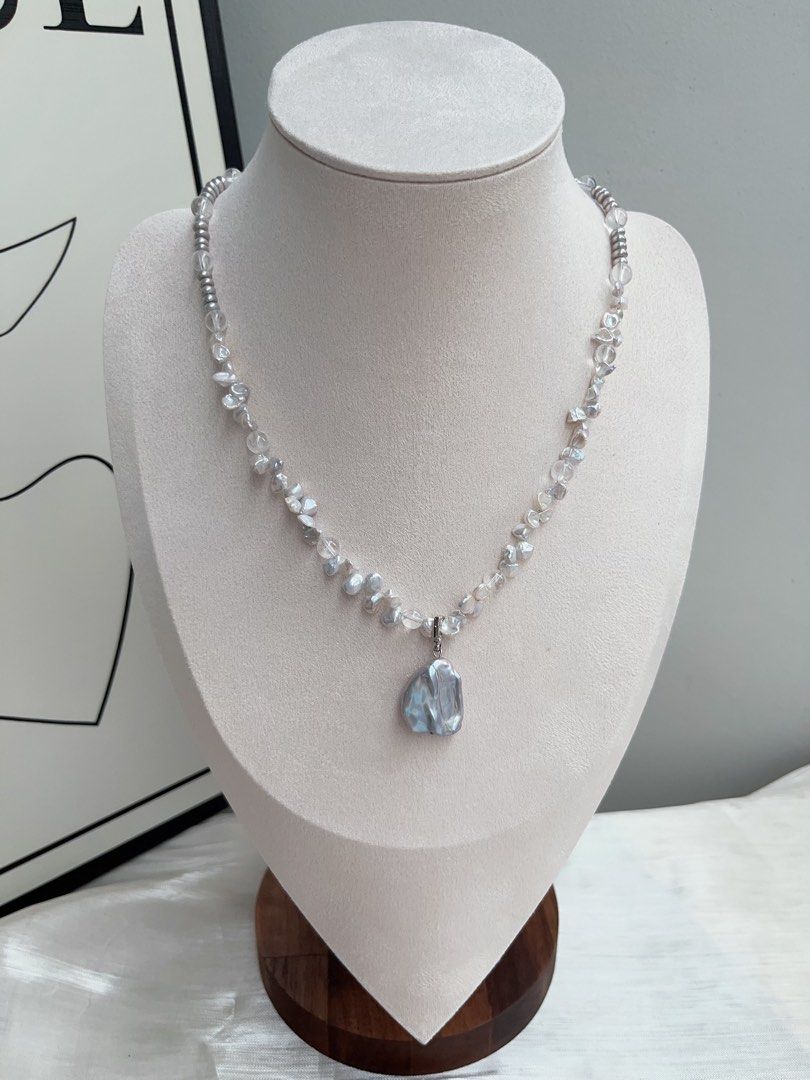 #PN917 Freshwater Pearl Necklace | Lustrous Petals | Clear Quartz | Treated Colour-Grey Baby Pearl| Grey Pendant | Removable Big Petal Pendant | Elegance Never Fade Away