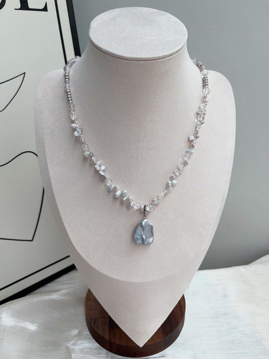 #PN917 Freshwater Pearl Necklace | Lustrous Petals | Clear Quartz | Treated Colour-Grey Baby Pearl| Grey Pendant | Removable Big Petal Pendant | Elegance Never Fade Away