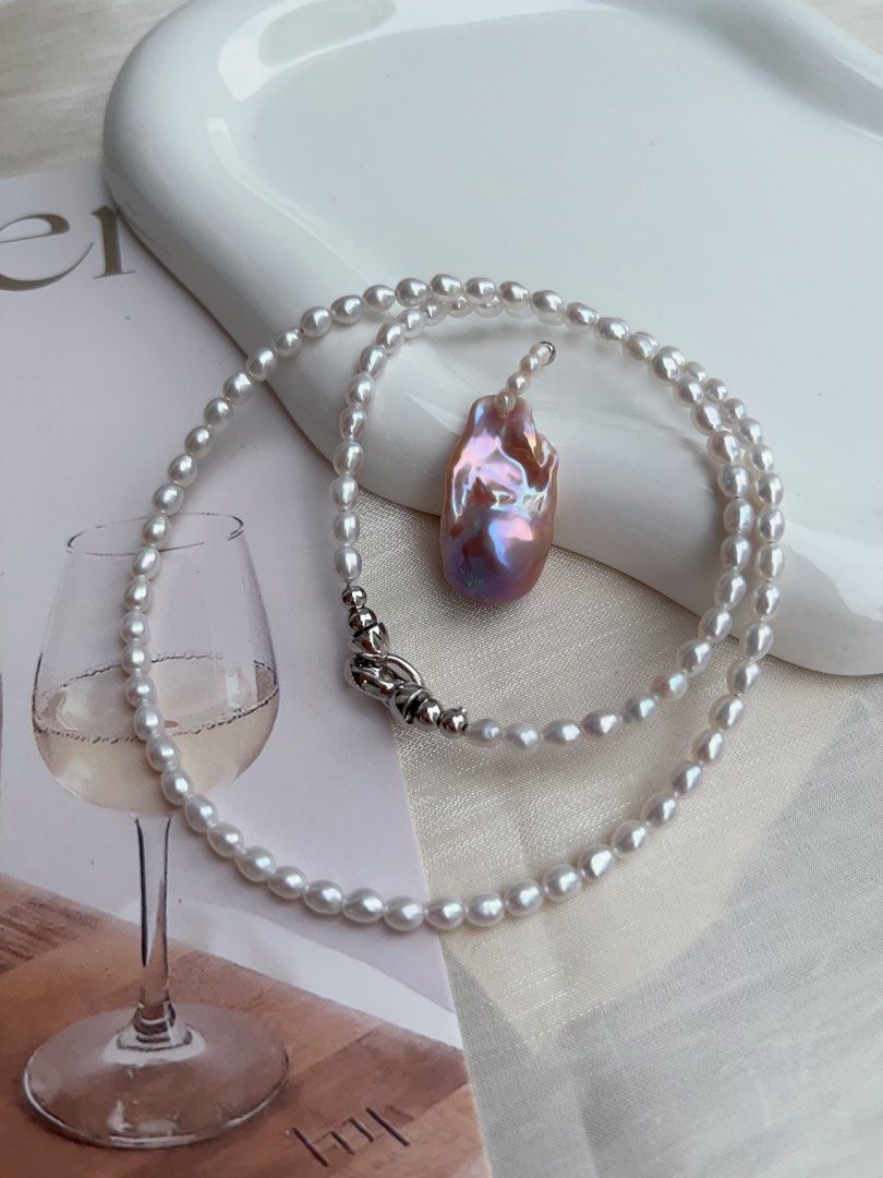#PN919 Freshwater Pearl Necklace | Lustrous Baby Pearl | Removable Pendant | High Quality Lustrous Fishtail Baroque | One Side Purple One Side Golden | Gradient | One Side Cannot Represent You| Gift 🎁 Choice