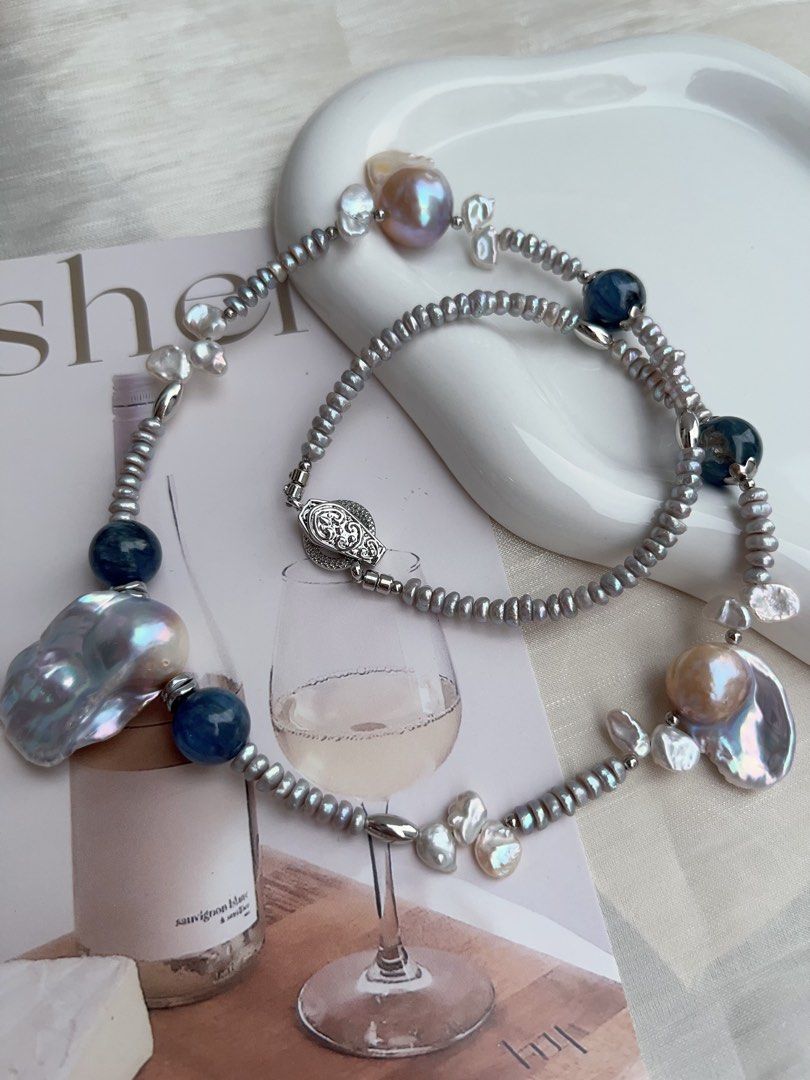 #PN920 Freshwater Pearl Necklace | Kyanite | Blue Fishtail Baroque | Lustrous Big Tail| Treated Colour Grey Baby Pearl| Clam Power| You Stand Firm