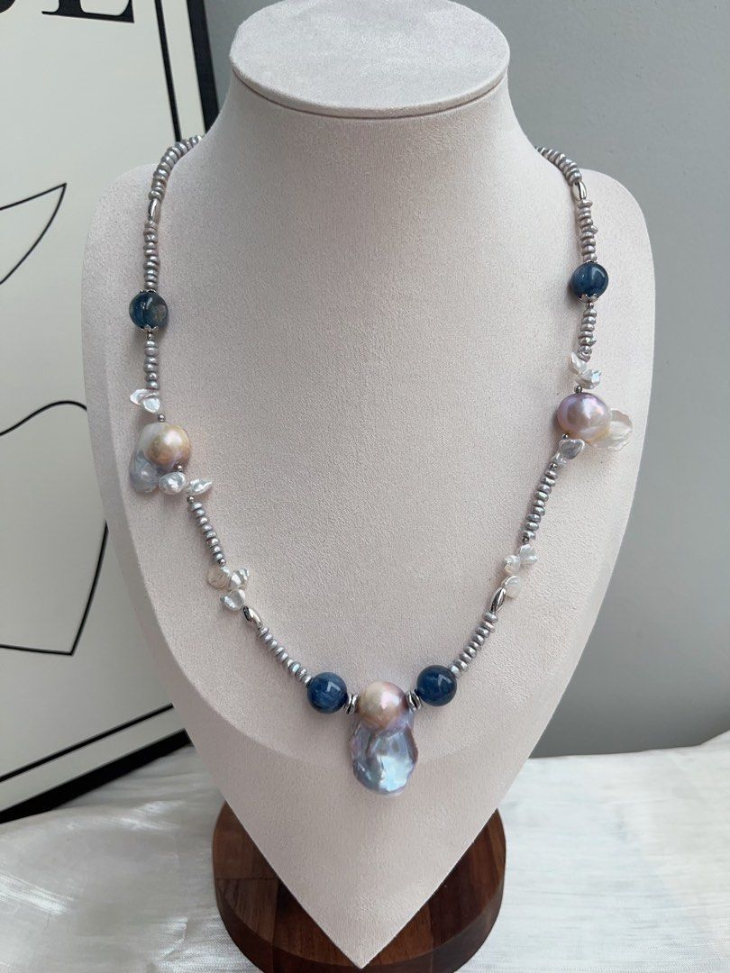 #PN920 Freshwater Pearl Necklace | Kyanite | Blue Fishtail Baroque | Lustrous Big Tail| Treated Colour Grey Baby Pearl| Clam Power| You Stand Firm