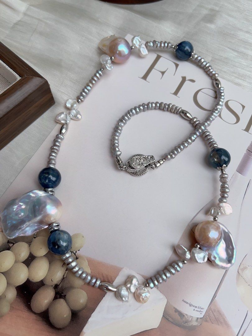 #PN920 Freshwater Pearl Necklace | Kyanite | Blue Fishtail Baroque | Lustrous Big Tail| Treated Colour Grey Baby Pearl| Clam Power| You Stand Firm