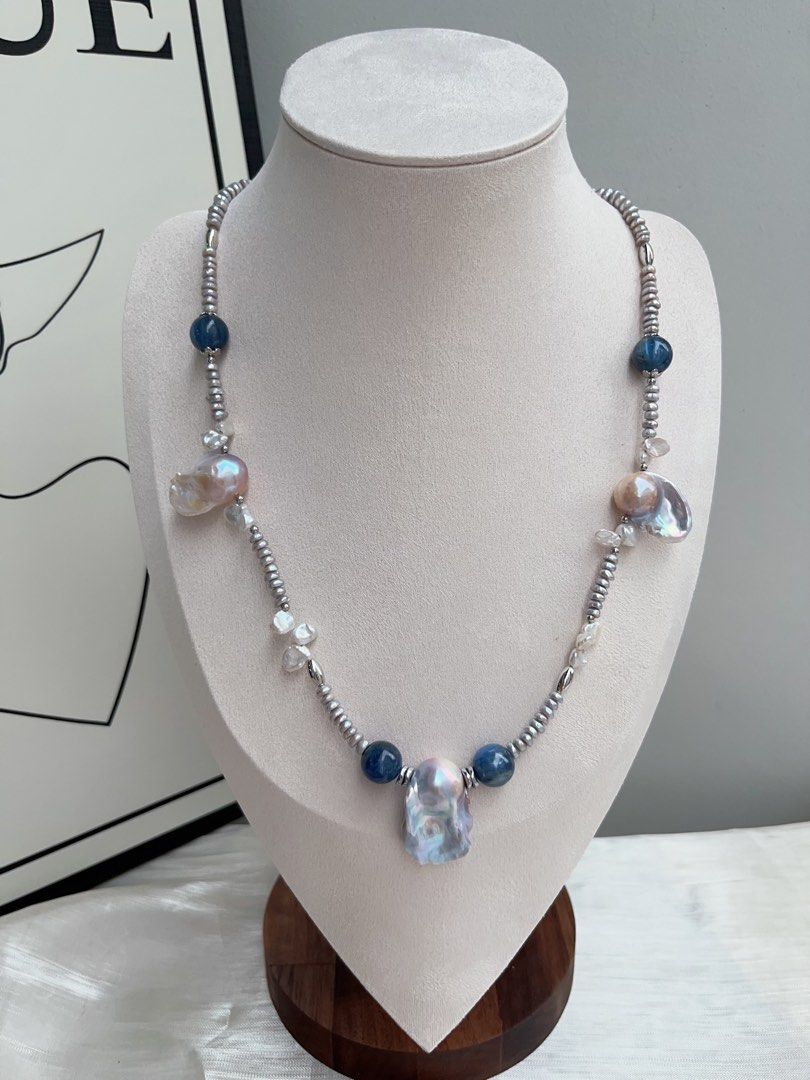 #PN920 Freshwater Pearl Necklace | Kyanite | Blue Fishtail Baroque | Lustrous Big Tail| Treated Colour Grey Baby Pearl| Clam Power| You Stand Firm