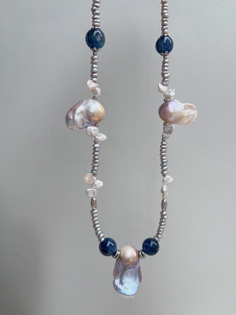 #PN920 Freshwater Pearl Necklace | Kyanite | Blue Fishtail Baroque | Lustrous Big Tail| Treated Colour Grey Baby Pearl| Clam Power| You Stand Firm