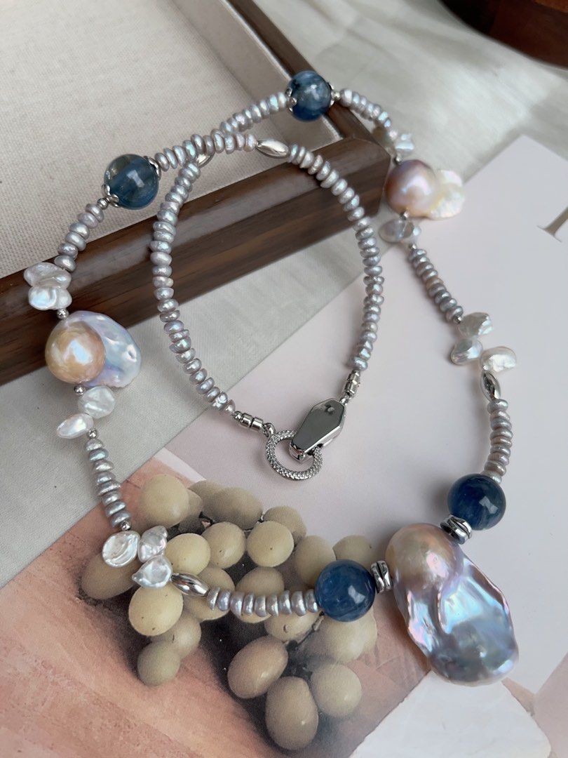 #PN920 Freshwater Pearl Necklace | Kyanite | Blue Fishtail Baroque | Lustrous Big Tail| Treated Colour Grey Baby Pearl| Clam Power| You Stand Firm