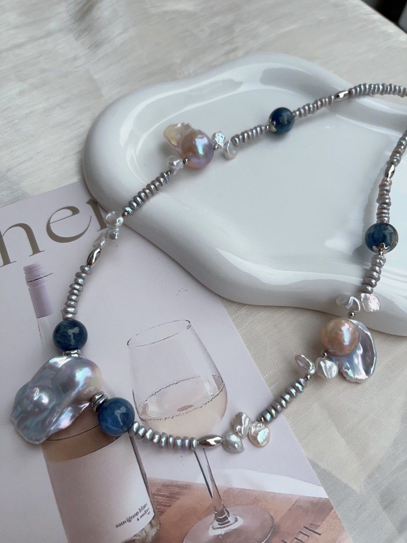 #PN920 Freshwater Pearl Necklace | Kyanite | Blue Fishtail Baroque | Lustrous Big Tail| Treated Colour Grey Baby Pearl| Clam Power| You Stand Firm