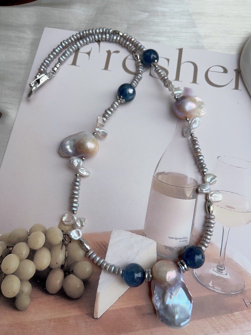 #PN920 Freshwater Pearl Necklace | Kyanite | Blue Fishtail Baroque | Lustrous Big Tail| Treated Colour Grey Baby Pearl| Clam Power| You Stand Firm