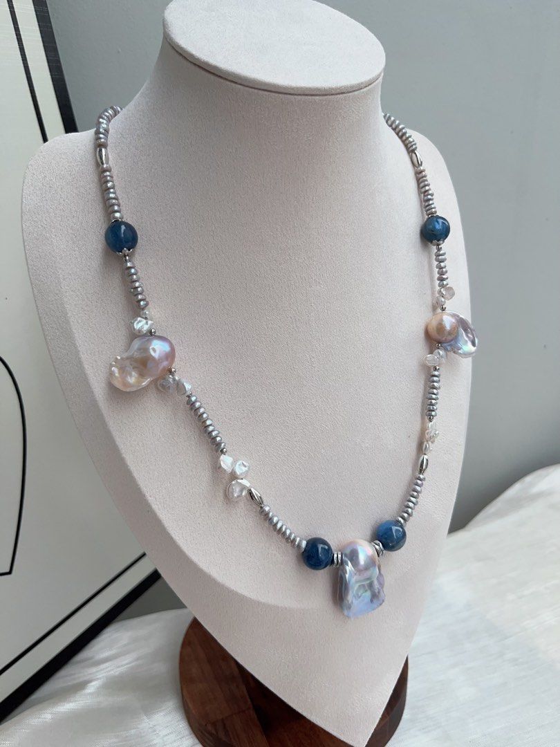 #PN920 Freshwater Pearl Necklace | Kyanite | Blue Fishtail Baroque | Lustrous Big Tail| Treated Colour Grey Baby Pearl| Clam Power| You Stand Firm
