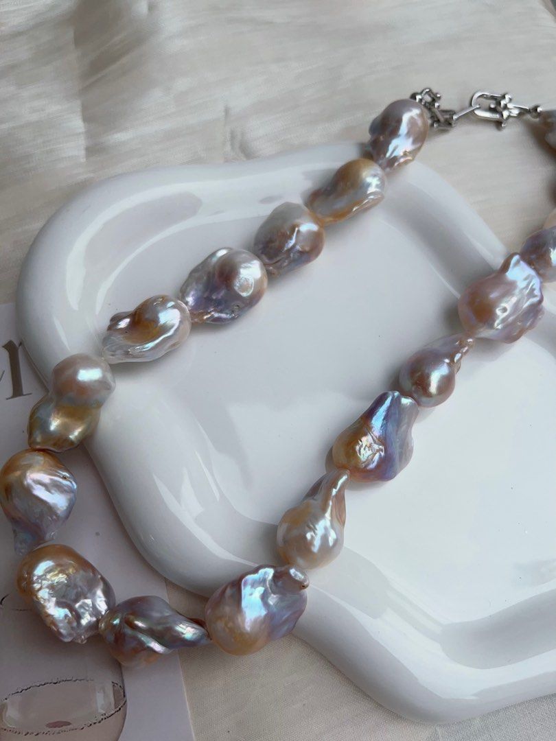 #PN922 Freshwater Pearl Necklace | Golden-blue Lustre Big Fishtail Baroque Pearl | Modern & Vintage | Focus of the Party| Wedding, Anniversary Gift 💝 | Natural Flaws| Rare