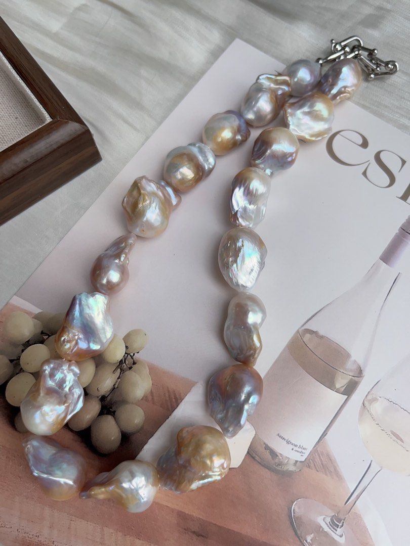 #PN922 Freshwater Pearl Necklace | Golden-blue Lustre Big Fishtail Baroque Pearl | Modern & Vintage | Focus of the Party| Wedding, Anniversary Gift 💝 | Natural Flaws| Rare