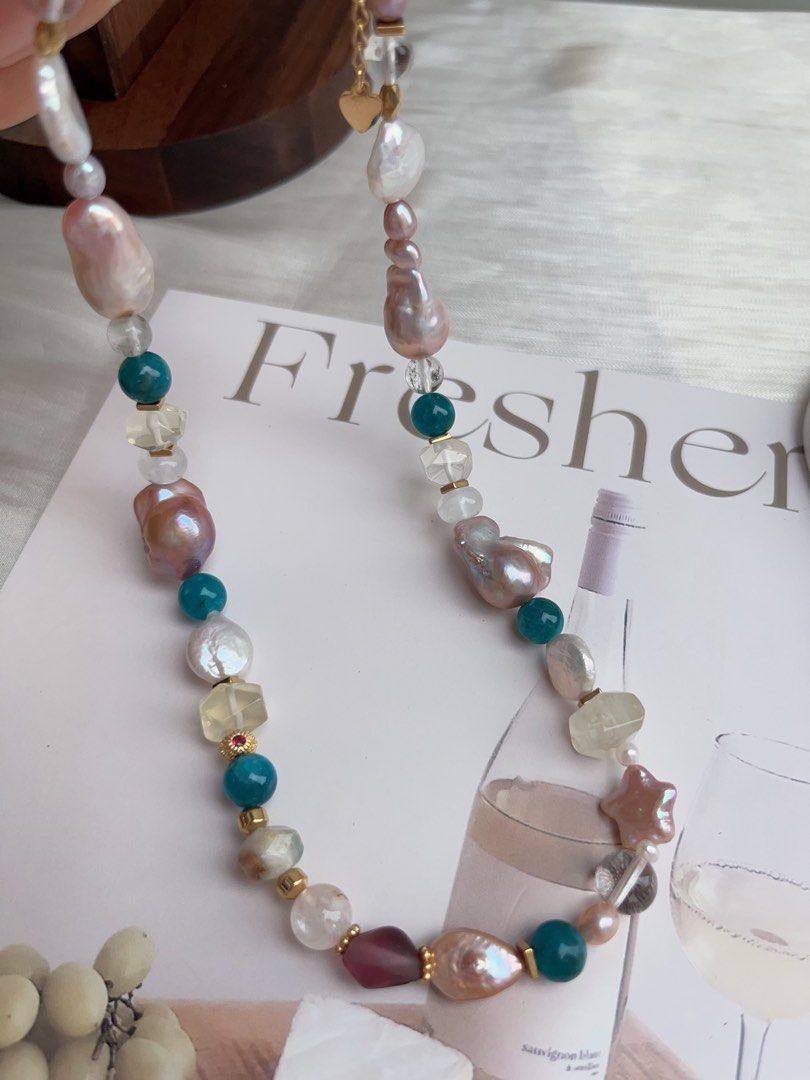 #PN923 Freshwater Pearl Necklace | Blue Apatite | Citrine Faceted | Star Baroque | Fishtail Baroque | Irregular Shapes| Natural Flaws| Colourful Summer