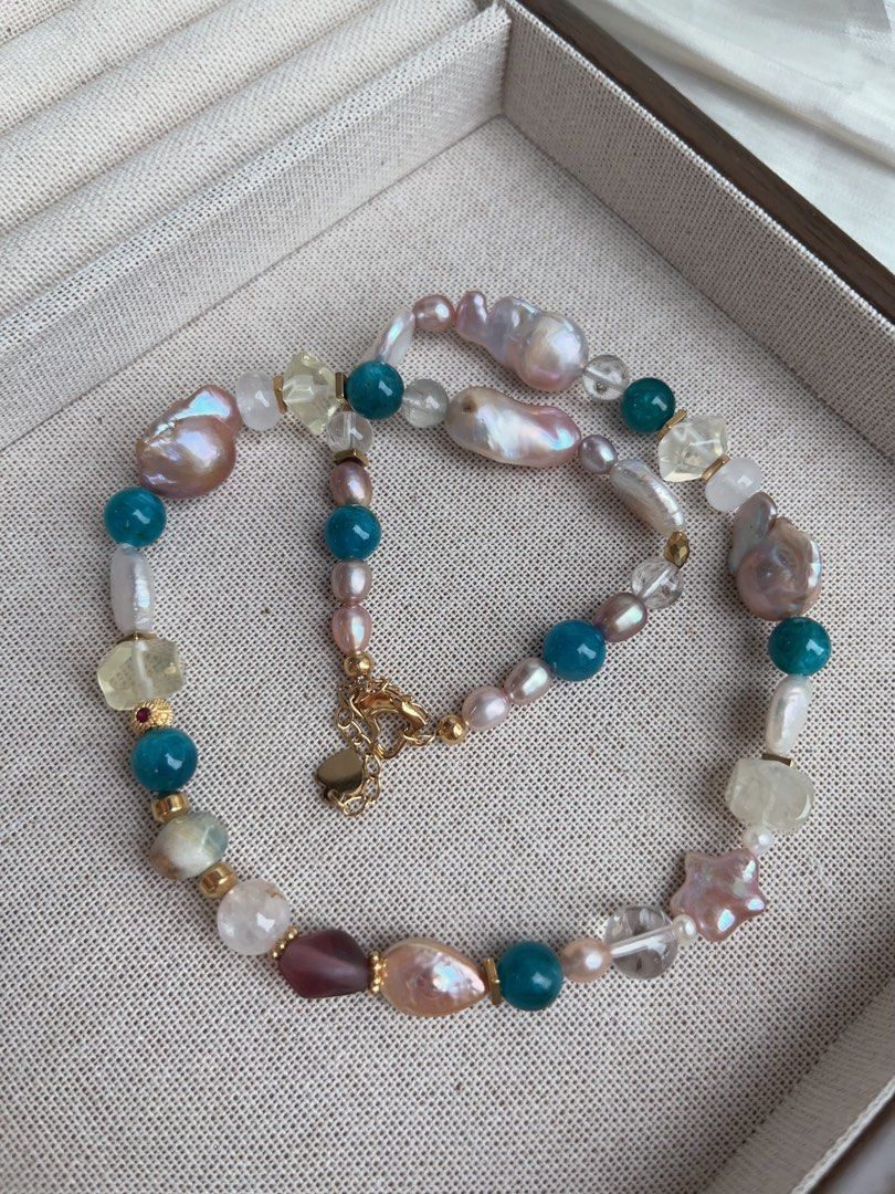 #PN923 Freshwater Pearl Necklace | Blue Apatite | Citrine Faceted | Star Baroque | Fishtail Baroque | Irregular Shapes| Natural Flaws| Colourful Summer