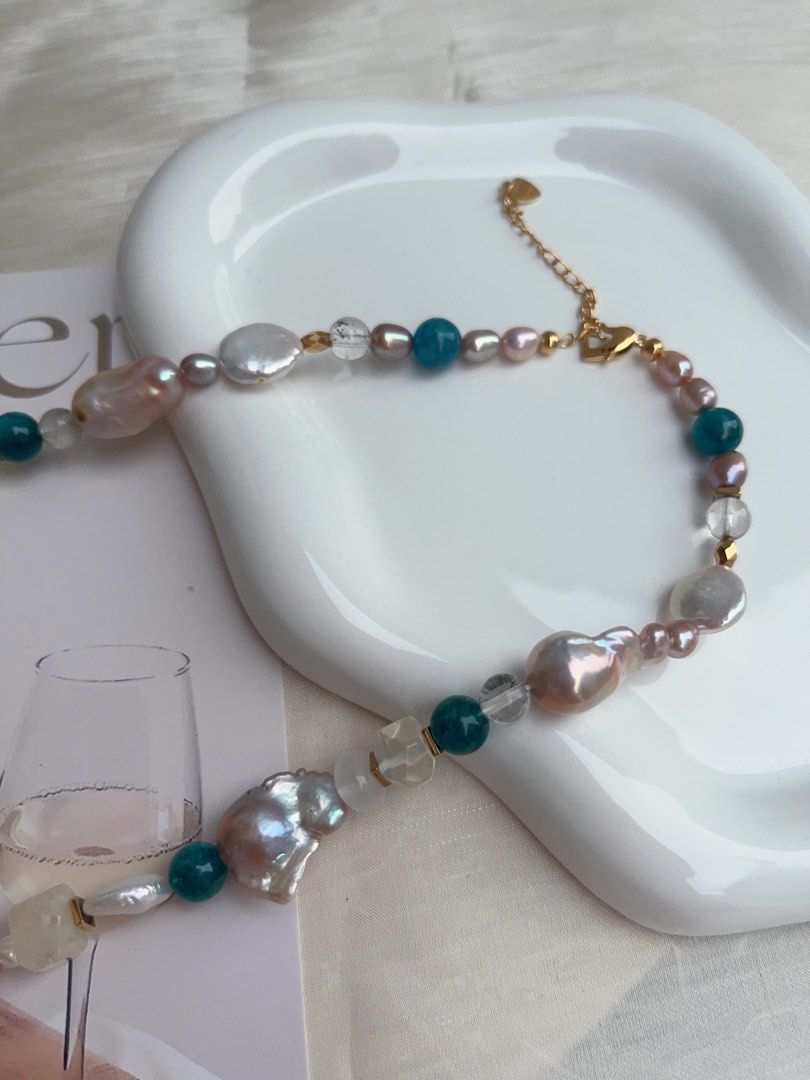 #PN923 Freshwater Pearl Necklace | Blue Apatite | Citrine Faceted | Star Baroque | Fishtail Baroque | Irregular Shapes| Natural Flaws| Colourful Summer