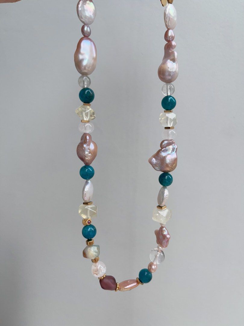 #PN923 Freshwater Pearl Necklace | Blue Apatite | Citrine Faceted | Star Baroque | Fishtail Baroque | Irregular Shapes| Natural Flaws| Colourful Summer