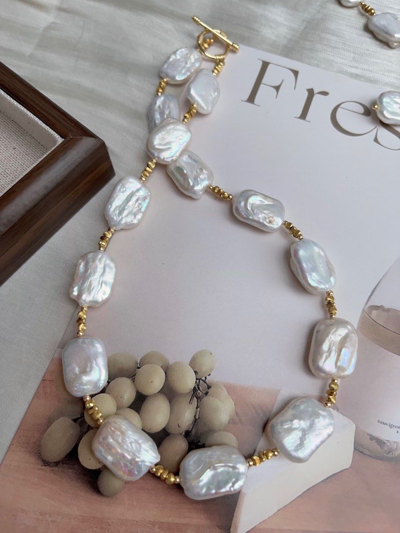 #PN925 Freshwater Pearl Necklace & Bracelet & Ear Studs Set| Detachable Pendant | Candy-paper Square Baroque | White Chocolate | Can Connect to Wear| Exotic Jewelry
