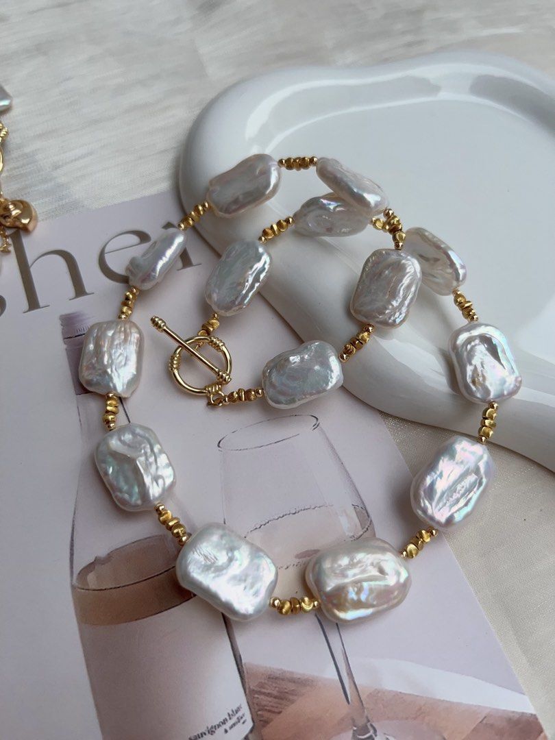 #PN925 Freshwater Pearl Necklace & Bracelet & Ear Studs Set| Detachable Pendant | Candy-paper Square Baroque | White Chocolate | Can Connect to Wear| Exotic Jewelry
