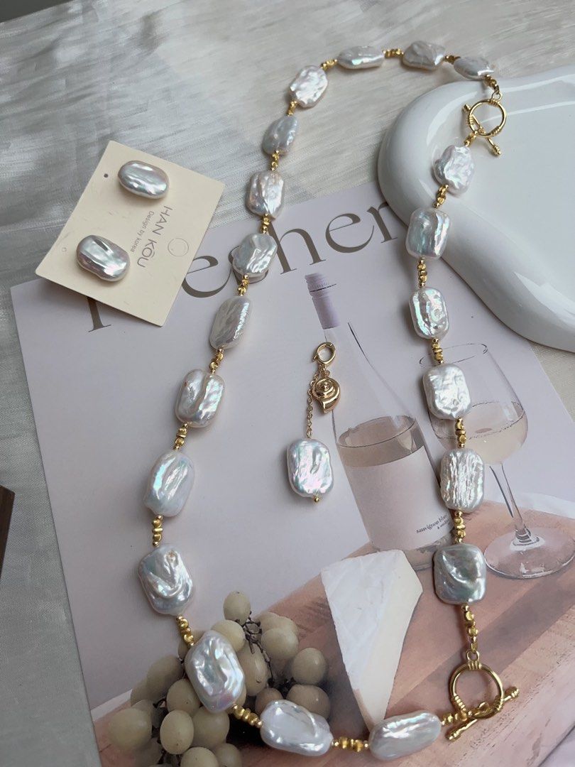 #PN925 Freshwater Pearl Necklace & Bracelet & Ear Studs Set| Detachable Pendant | Candy-paper Square Baroque | White Chocolate | Can Connect to Wear| Exotic Jewelry