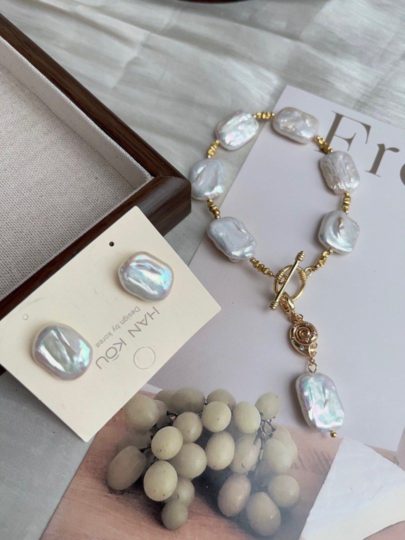 #PN925 Freshwater Pearl Necklace & Bracelet & Ear Studs Set| Detachable Pendant | Candy-paper Square Baroque | White Chocolate | Can Connect to Wear| Exotic Jewelry