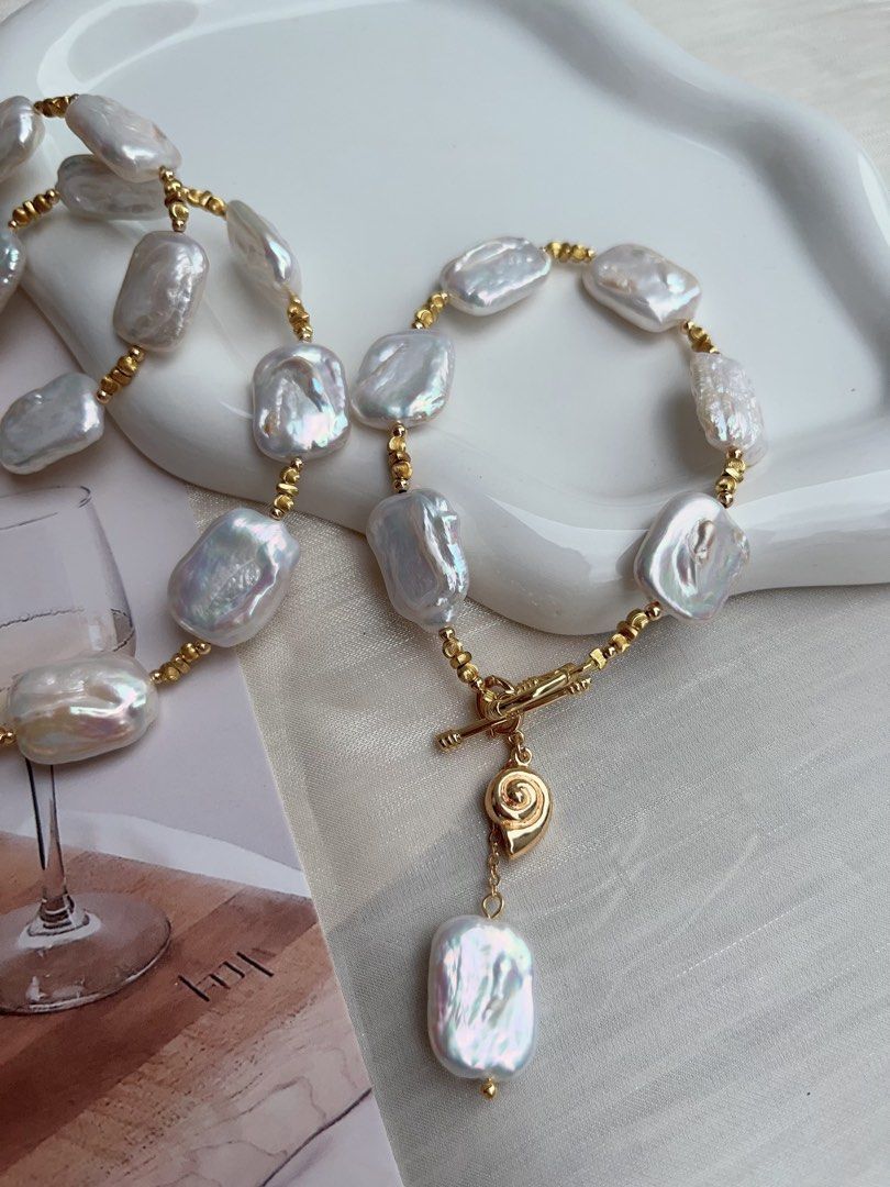 #PN925 Freshwater Pearl Necklace & Bracelet & Ear Studs Set| Detachable Pendant | Candy-paper Square Baroque | White Chocolate | Can Connect to Wear| Exotic Jewelry