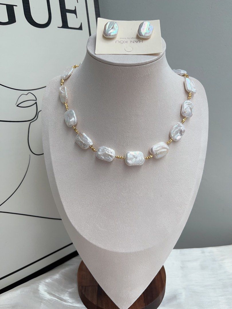 #PN925 Freshwater Pearl Necklace & Bracelet & Ear Studs Set| Detachable Pendant | Candy-paper Square Baroque | White Chocolate | Can Connect to Wear| Exotic Jewelry