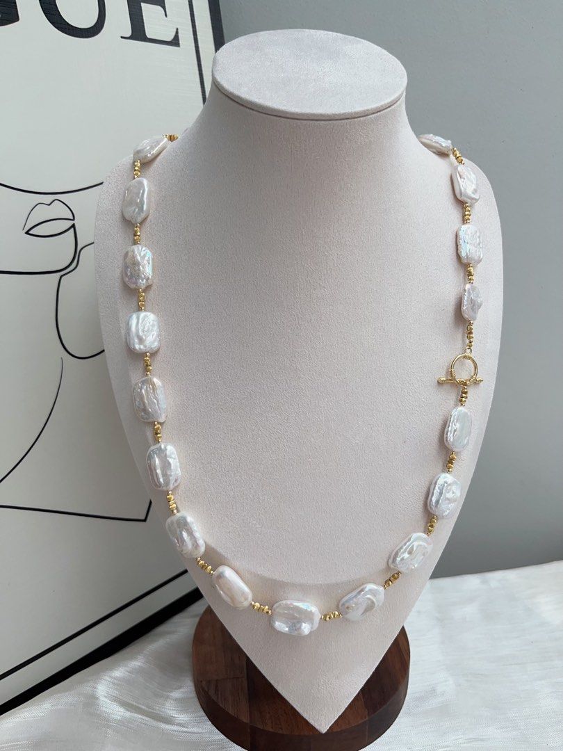 #PN925 Freshwater Pearl Necklace & Bracelet & Ear Studs Set| Detachable Pendant | Candy-paper Square Baroque | White Chocolate | Can Connect to Wear| Exotic Jewelry