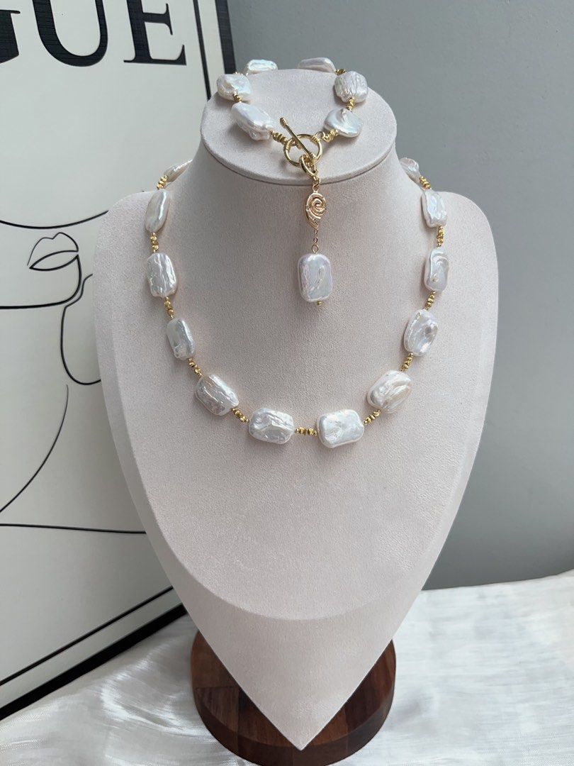#PN925 Freshwater Pearl Necklace & Bracelet & Ear Studs Set| Detachable Pendant | Candy-paper Square Baroque | White Chocolate | Can Connect to Wear| Exotic Jewelry
