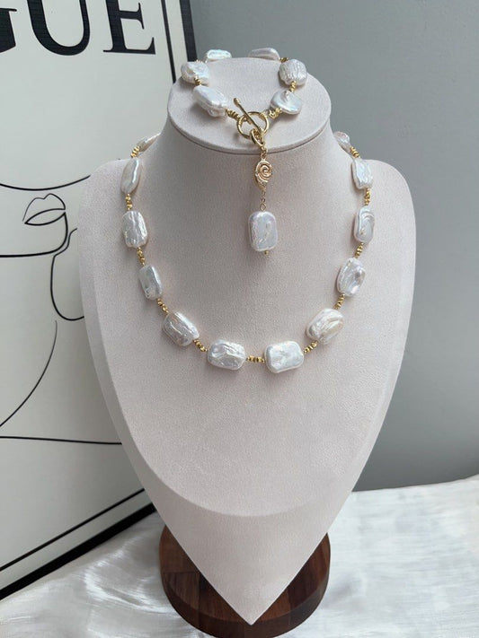 #PN925 Freshwater Pearl Necklace & Bracelet & Ear Studs Set| Detachable Pendant | Candy-paper Square Baroque | White Chocolate | Can Connect to Wear| Exotic Jewelry