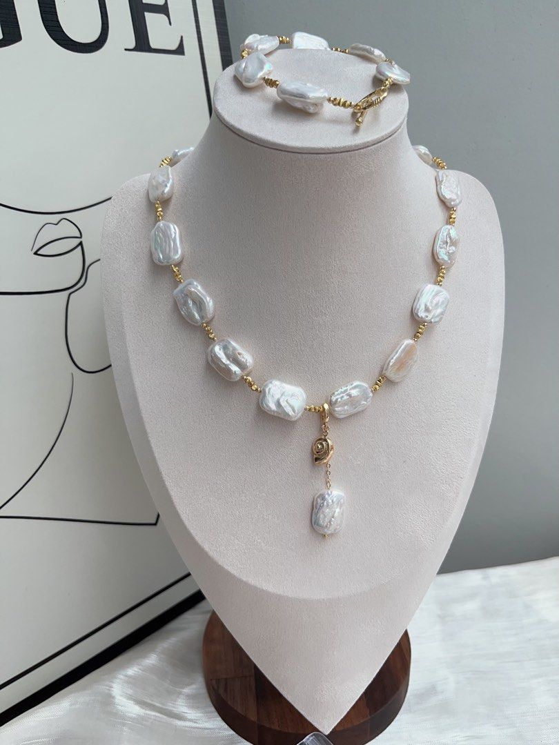 #PN925 Freshwater Pearl Necklace & Bracelet & Ear Studs Set| Detachable Pendant | Candy-paper Square Baroque | White Chocolate | Can Connect to Wear| Exotic Jewelry