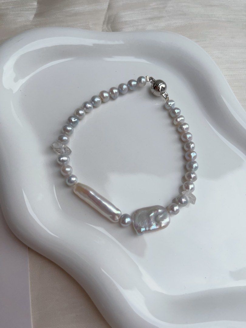 #PN927 Freshwater Pearl Necklace & Bracelet Set | Square Baroque | Stick Shape | Clear Quartz | Removable Fishtail Baroque | Lustrous | Elegance Speaks Volume | Perfect for Gift 💝