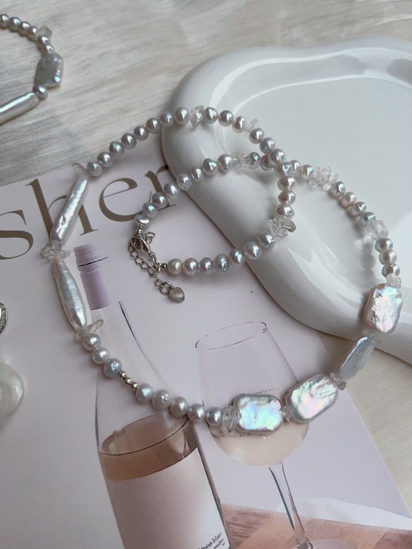 #PN927 Freshwater Pearl Necklace & Bracelet Set | Square Baroque | Stick Shape | Clear Quartz | Removable Fishtail Baroque | Lustrous | Elegance Speaks Volume | Perfect for Gift 💝