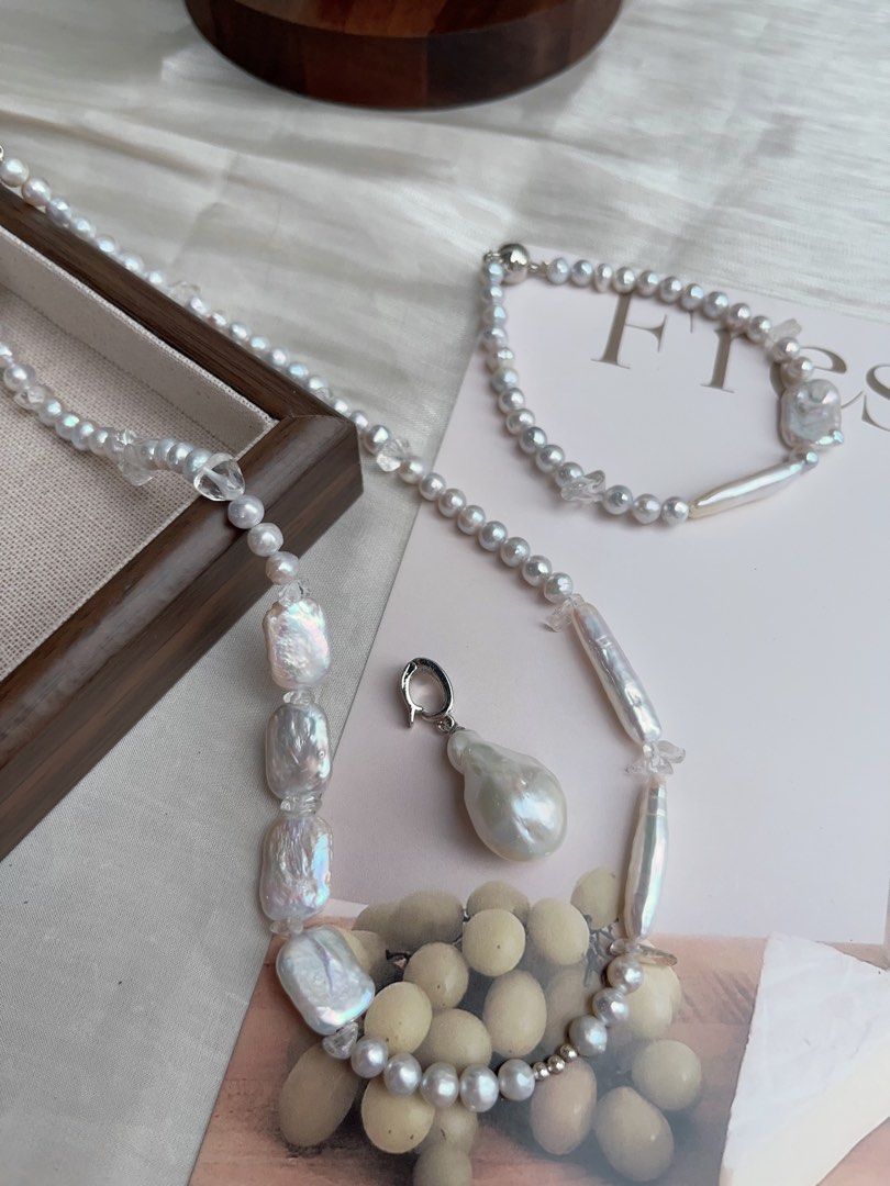 #PN927 Freshwater Pearl Necklace & Bracelet Set | Square Baroque | Stick Shape | Clear Quartz | Removable Fishtail Baroque | Lustrous | Elegance Speaks Volume | Perfect for Gift 💝